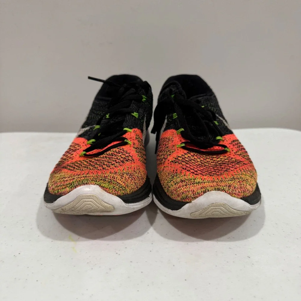 Nike Flyknit Lunar 3 Mens 8 Running Shoes Black Orange Volt Mesh 698181-006